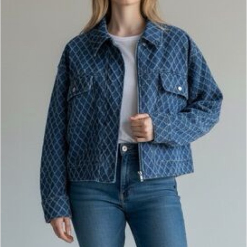 Marled Diamond-Quilted Blue Denim Jacket for Women